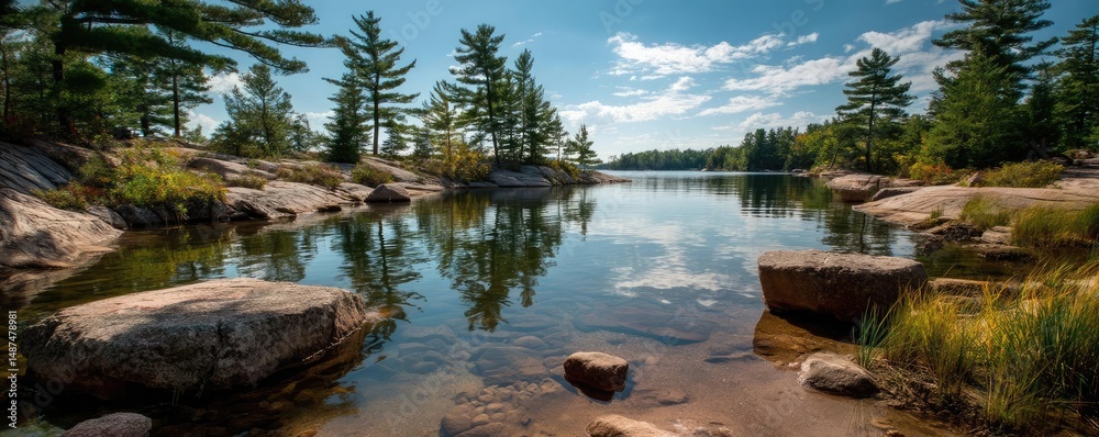 Aufkleber scenic view of lake in pine forest with rock and trees concept. tranquil lake scene surrounded by lu