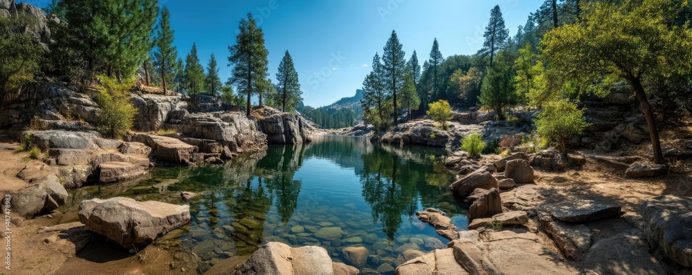 Poster scenic view of lake in pine forest with rock and trees concept. serene lake surrounded by lush trees