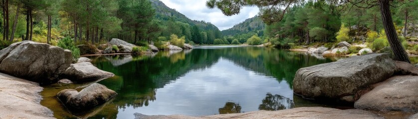 Obraz premium Scenic view of lake in pine forest under peaceful nature concept. A tranquil lake surrounded by lush trees and scenic mountains.