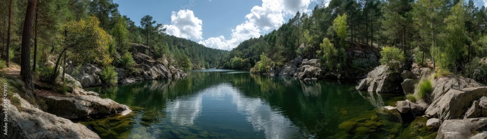 Poster scenic view of lake in pine forest with rock and trees concept. serene lake surrounded by lush trees