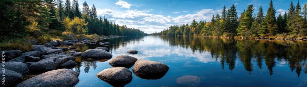 Poster scenic view of lake in pine forest with rock and trees concept. a serene lakeside scene with rocks, 