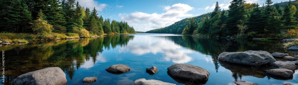 Poster Scenic view of lake in pine forest with rock and trees concept. Serene lake reflecting clouds and trees in a tranquil setting.