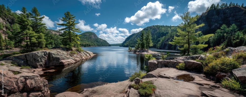 Poster scenic view of lake in pine forest with rock and trees concept. stunning lake view surrounded by mou