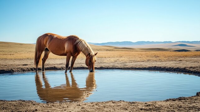 A horse drinking from a large water trough with clear sky above