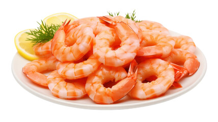 Chilled Cooked Shrimp Served on White Plate Isolated on White Background