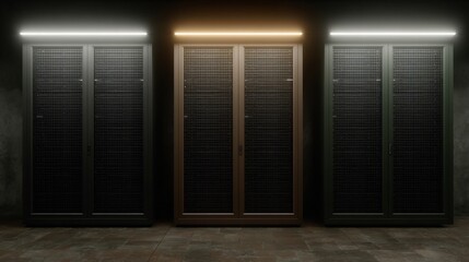 Illuminated server racks depicting secure data storage and processing facility