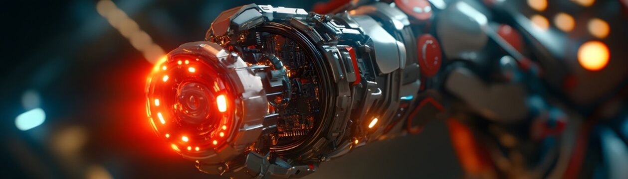 Close-up view of a futuristic energy weapon.