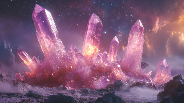 Stunning purple crystal formation with cosmic backdrop depicting a mystical fantasy landscape