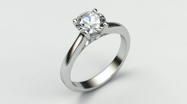 Diamond solitaire ring placed at an angle on white, emphasizing its sparkle and clarity