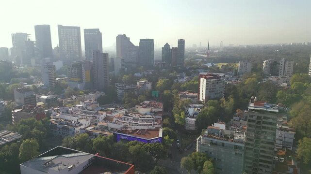 Aerial of Polanco neighborhood of Mexico City during sunrise