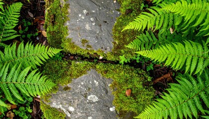 Exploring moss-covered stones nature trail photography lush environment aerial view serenity and growth