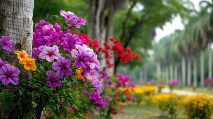 Fototapeta premium Blooming flowers in meadow surrounded by vibrant nature gardens concept. Vibrant flowers in a serene garden along a peaceful pathway.