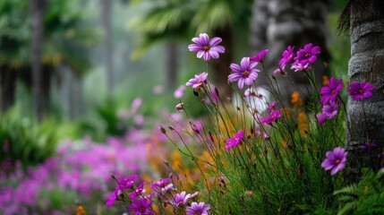 Obraz premium Blooming flowers in meadow surrounded by vibrant nature gardens concept. Vibrant garden filled with colorful flowers in lush greenery.