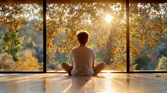Man Meditating by Window with a View