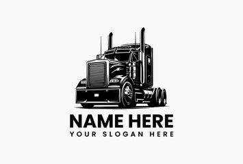 Sleek silver Freightliner Cascadia semi-truck with extended trailer at dynamic angle vector logo. Modern transportation and logistics emblem  