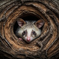 A possum hibernating in hollow tree trunk, isolated