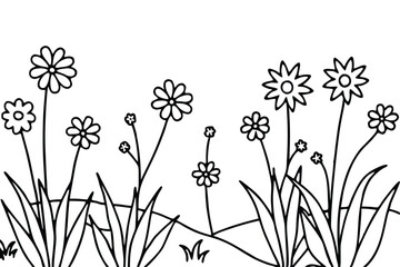 Simple floral line art presents daisies and various grasses on a white background