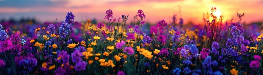 Fototapeta premium Blooming flowers in meadow with glowing landscapes and nature concept. Vibrant flowers blooming under a stunning sunset sky.