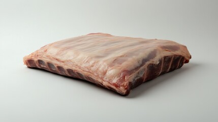 Flat sheet of pork belly styled with curved edges on sterile white backdrop