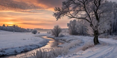 Winter Landscape with Frozen Stream, Bare Trees, and Sunset Glow over Snow-Covered Terrain