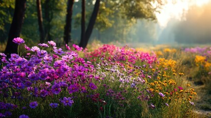 Obraz premium Blooming flowers in meadow with dreamy landscapes and gardens concept. A vibrant field of wildflowers illuminated by the golden sun.