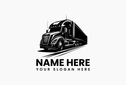 Sleek silver Freightliner Cascadia semi-truck with extended trailer at dynamic angle vector logo. Modern transportation and logistics emblem  