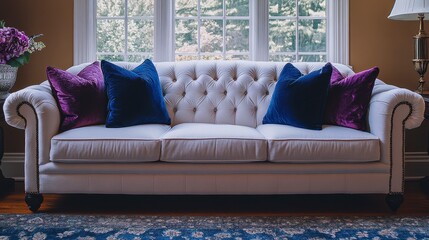 Elegant room with cream sofa, patterned rug, large windows, and plush pillows