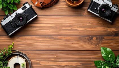 Capturing moments vintage cameras and greenery on rustic wood surface aesthetic workshop setup