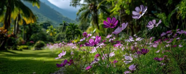 Fototapeta premium Blooming flowers in meadow surrounded by vibrant nature gardens concept. Vibrant garden scene with purple flowers and lush greenery.