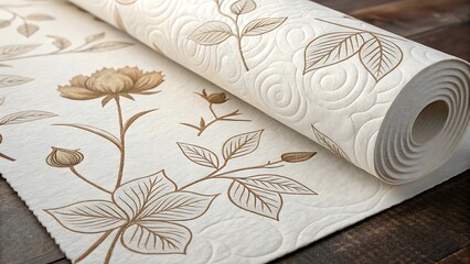 Elegant floral wallpaper roll displaying beautiful hand drawn botanical designs and textures