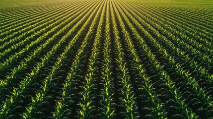 Golden Hour Cornfield: Rows of vibrant green corn illuminated by the setting sun, creating a stunning agricultural landscape.