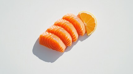 Minimalist food photography showing sliced salmon with soft highlights on white