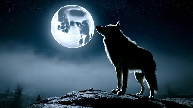 Silhouette of a wolf howling at the full moon on a rocky mountain top with starry night sky and foggy background