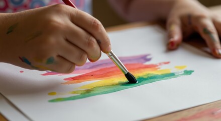 Child painting with brush on paper using vibrant watercolors  