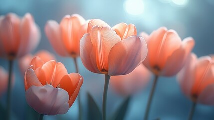 Radiant tulips glow, delicate petals bathed in soft light, creating a serene and calming atmosphere