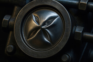 Hydraulic mechanism component with metal diaphragm and bolts in close up view showing industrial machinery part with dark metallic texture