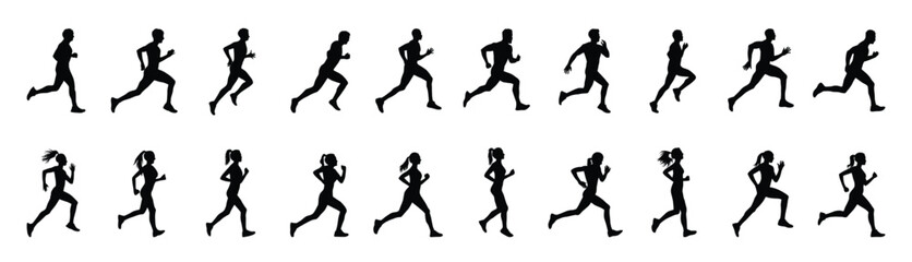 men and women running silhouette vector