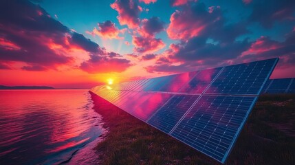 Solar array mirroring sunset by water. Clouds in the sky add color to the scene
