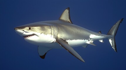 Fototapeta premium Majestic great white shark cruising gracefully in deep blue ocean waters close up aquatic view apex predator