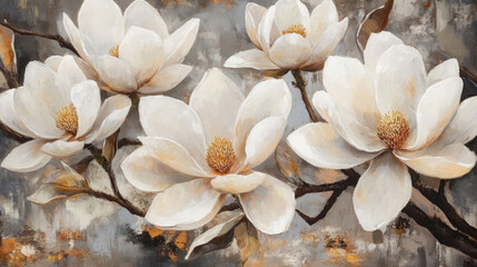 Floral Digital Painting of White Magnolia Flowers in Bloom