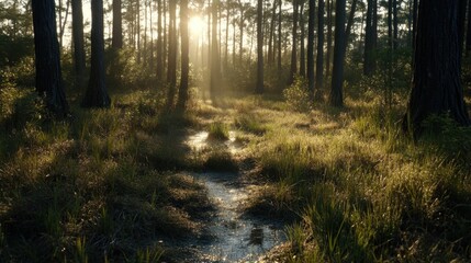 Obraz premium Sunlit Forest Path Peaceful Morning Nature Scene Tranquil Woods Sunlight Green Grass Trees Landscape