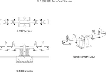 Obraz premium Four-Seat Seesaw – Plan, Elevation, and Isometric Views (CAD Vector Drawing)