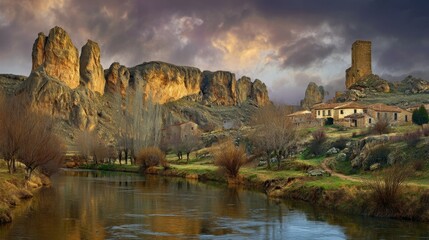Fototapeta premium Serene River Landscape with Dramatic Clouds and Ancient Castle Ruins Amidst Rocky Hills in Golden Hour Light