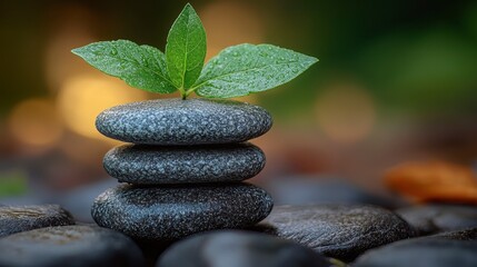 Stacked stones topped with a green sprout, bokeh background