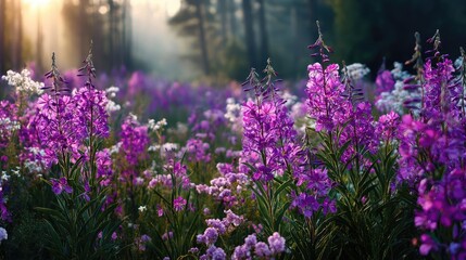 Obraz premium Blooming flowers in meadow with dreamy landscapes and gardens concept. Vibrant field of blooming purple flowers in a serene forest setting.