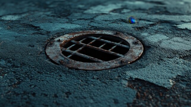 Rusty metal manhole set into a patched road surface with rough textures
