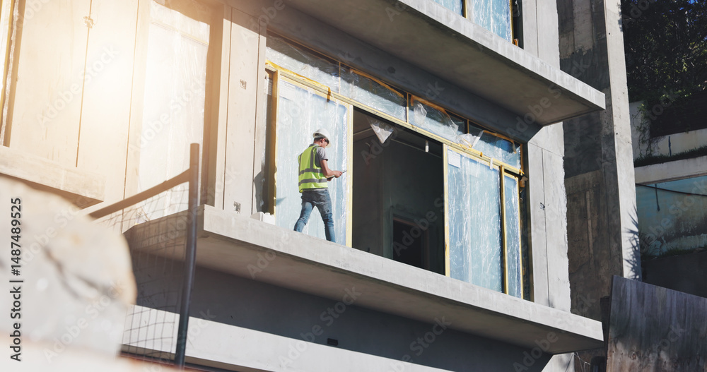 Poster construction site, engineer and man on balcony, building and inspection of process with tablet or on