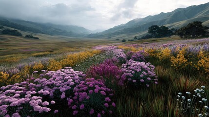 Obraz premium Blooming flowers in meadow with dreamy landscapes and gardens concept. Vibrant wildflower meadow beneath a cloudy mountain sky.