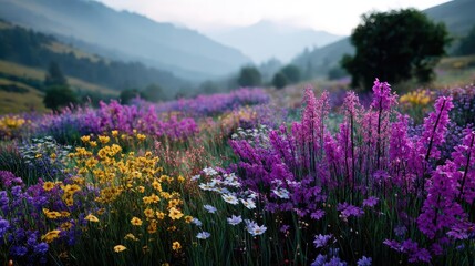 Obraz premium Blooming flowers in meadow with dreamy landscapes and gardens concept. A vibrant field of colorful wildflowers under a serene landscape.