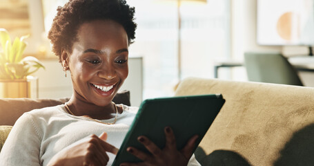 Black woman, smile or tablet in home to search for online blog, interior design or social media. Digital app, living room or happy person on technology for house renovation tips or choice on couch